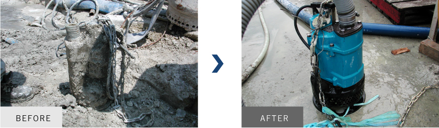 コンクリート除去剤中にスケールが付着した水中ポンプを浸漬しクリーニング